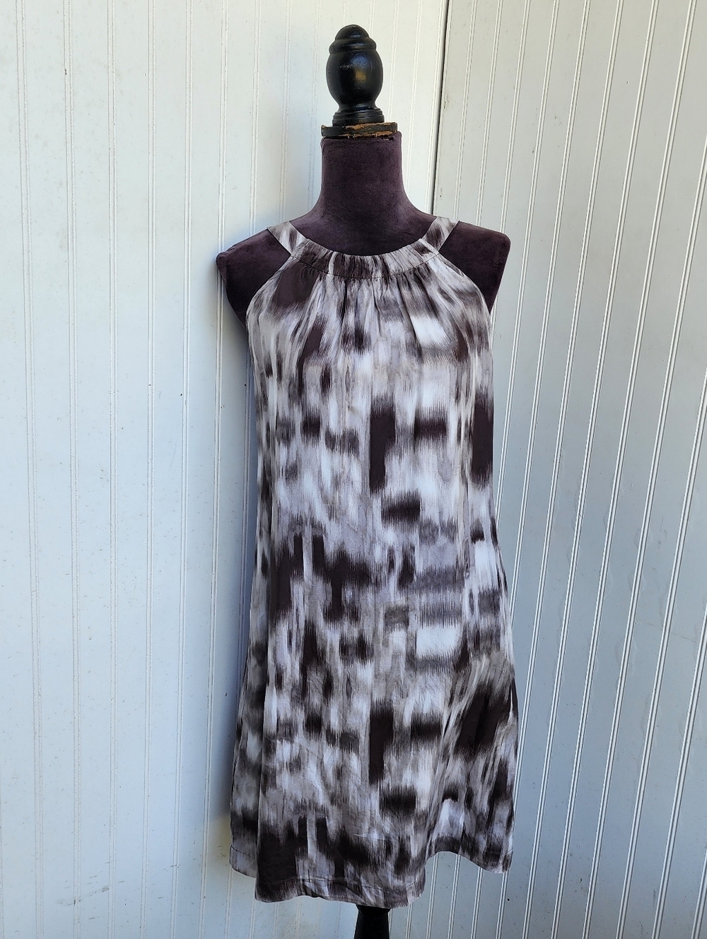 Esprit Printed 100% Silk Dress Sleveless Knee Watercolor Print Gray Beige Sz 4